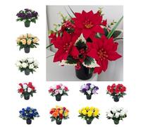 Rose Artificial Flowers in Grave Flower Pots - UV Resistant, Realistic, Long-Lasting Design for Cemetery Decorations, Grave Displays, Home & Garden Memorial Arrangements (mas Poinsettia Holly & Pine)