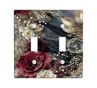 Rose Bathroom Double Light Switch Cover Plate, Elegant Vintage Leaf Pearl Fall Black Plastic Standard Size Switch Plate Decorative for Bedroom Office Kitchen Entrance Decor