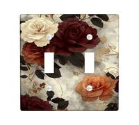 Rose Bathroom Double Light Switch Cover Plate, Floral Elegant Leaf Gold Fall Red Plastic Standard Size Wall Switch Plates Accents for Bedroom Office Kitchen Entrance Decor