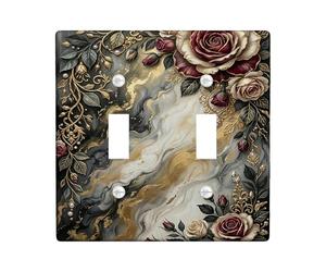 Rose Bathroom Double Light Switch Cover Plate, Vintage Elegant Leaf Gold None Black Plastic Standard Size Wall Switch Plates Accents for New Apartment Home Bedroom Office Decor