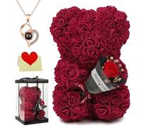 Rose Bear Gift, 10 Inch Artificial Flower Rose Teddy Bear Holding a Bouquet with Gift Box, for Anniversary, Christmas, Wedding, Birthday, Romantic Gift for Her (Burgundy)
