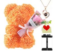 Rose Bear Gift, 10 Inch Artificial Flower Rose Teddy Bear Holding a Bouquet with Gift Box, for Anniversary, Christmas, Wedding, Birthday, Romantic Gift for Her (Orange)