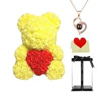 Rose Bear Gift with Heart-Shape Design, 16 Inch Artificial Flower Rose Teddy Bear with Gift Box, for Anniversary, Mother's Day, Wedding, Birthday, Romantic Gift for Her (Yellow)