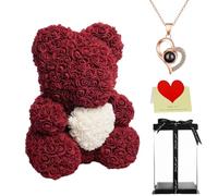 Rose Bear Gift with Heart-Shape Design, 16 Inch Artificial Flower Rose Teddy Bear with Gift Box, for Anniversary, Mother's Day, Wedding, Birthday, Romantic Gift for Her (Burgundy)
