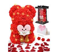 Rose Bear Gifts for Women, Rose Teddy Bear with Heart-shaped & LED Lights Gift for Mum, Artificial Rose Flower with Gift Box & Greeting Card for Birthday, Mother's Day, Anniversary, Wife, Mum, Grandma