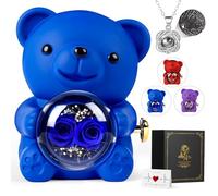 Rose Bear Teddy with Necklace Gift Box for Girlfriend, Cute Forever Flower Bear Preserved Rose Romantic Gift for Her, Valentines Bear Eternal Rose Flower Bear Anniversary Decoration for Woman, Blue
