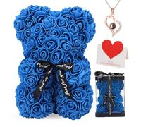 Rose Bear with Bouquet and Gift Box, 10 Inch Artificial Flower Teddy Bear, Romantic Anniversary, Christmas, Wedding and Birthday Gift (Royal Blue)