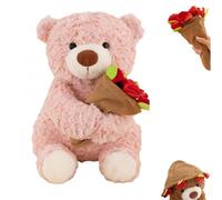 Rose Blooms Bear - Bouquet Can Be Turned Into A Hat, Magnetic Knit Beanie Flower Bears, Transforming Plush Rose Bear Gift, for Christmas, Anniversary and Valentine’s Day (Pink,12in)