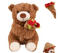 Rose Blooms Bear - Bouquet Can Be Turned Into A Hat, Magnetic Knit Beanie Flower Bears, Transforming Plush Rose Bear Gift, for Christmas, Anniversary and Valentine’s Day (Brown,16in)