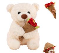 Rose Blooms Bear - Bouquet Can Be Turned Into A Hat, Magnetic Knit Beanie Flower Bears, Transforming Plush Rose Bear Gift, for Christmas, Anniversary and Valentine’s Day (White,12in)