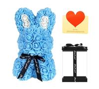 Rose Bunny, 10 Inch Artificial Flower Bunny with Gift Box & Greeting Card - Artificial Flowers Bunny for Easter, Valentine's Day, Mother's Day & Home Decoration (Sky Blue)