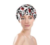 Rose Bushes Grey Black Leaves Prints Shower Cap Double Layer Lined Waterproof Bathing Shower Hat