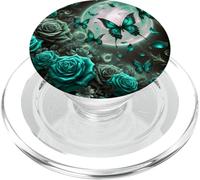 Rose Butterfly Design Teal Blue Floral Print Flower Galaxy PopSockets PopGrip for MagSafe
