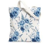 Rose Canvas Tote Bag for Women, Floral Romantic Lavender Fern Spring Blue Washable Reusable Everyday Tote Bags Ideas for Ou, Blue, 13x15 Inch