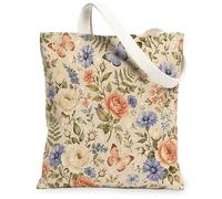 Rose Canvas Tote Bag for Women, Floral Vintage Butterfly Flower Spring Pastel Washable Reusable Shopping Bags Ideas for Sho, Pastel, 13x15 Inch