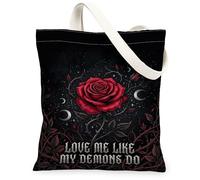 Rose Canvas Tote Bag for Women, Gothic Dark Moon Thorns Halloween Red Washable Reusable Shopping Bag Ideas for Shopping Tri, Red, 13x15 Inch