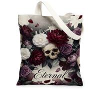 Rose Canvas Tote Bag for Women, Gothic Romantic Skull Leaf Autumn Burgundy Washable Reusable Shopping Bags Ideas for Outdoor Travel Workday Reading 13x15 Inch