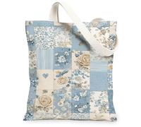 Rose Canvas Tote Bag for Women, Vintage Romantic Floral Heart Spring Blue Washable Reusable Everyday Tote Bag Ideas for Sho, Blue, 13x15 Inch