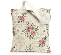 Rose Canvas Tote Bag for Women, Vintage Romantic Lavender Floral Spring Peach Washable Reusable Shopping Bag Ideas for Outd, Peach, 13x15 Inch