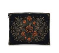 Rose Canvas with Zipper, Gothic Vintage Bat Flourish Halloween Black Canvas with Zipper Toiletry Travel Bag for Travel, Bathroom, Vanity, Purse Storage and Gifts, Black, 7x9 Inch, Gothic