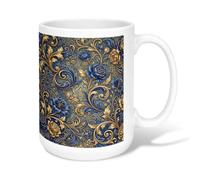 Rose Ceramic Coffee Mug, Elegant Classic Floral Swirl Blue Novelty Hot Chocolate Mug with Handle Ideal for Friends Family Lovers Eldership Senior Co-Worker 15 Oz