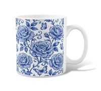 Rose Ceramic Coffee Mug, Floral Traditional Butterfly Leaf Spring Blue Novelty Tea Mug with Handle Ideal for Friends Family Coworkers Teachers Couples Employees 11 Oz