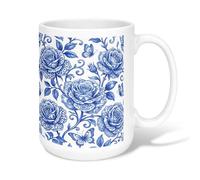 Rose Ceramic Coffee Mug, Floral Traditional Butterfly Leaf Spring Blue Novelty Work Drinking Mugs with Handle Ideal for Friendship Family Colleague Staff Sweetheart Teachers 15 Oz