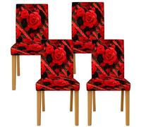 Rose Chair Covers for Dining Chairs, Floral Modern Stripe Black Fall Red Spandex Washable Removable Chair Slipcover Decor for Dining Room Kitchen Banquet 4pcs