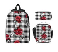 Rose Checked Backpack Set for Girls Boys with Lunch Bag Pencil Case Buffalo Plaid Flower 3 Pieces School Bags Insulated Lunchbox Gifts for Women Men