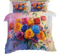 Rose Comforter Cover Single Size, Colorful Roses Duvet Cover Oil Painting Flowers Bedding Set 3 Piece with 2 Pillow Sham with Zipper Closure 135 x 200cm