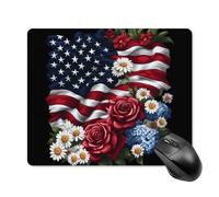 Rose Daisy Flower U.S. Flag Non-Slip Square Mouse Pad Rubber Base