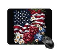 Rose Daisy Flower U.S. Flag Non-Slip Square Mouse Pad Rubber Base