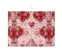 Rose Dish Drying Mats for Kitchen Counter, Peach Floral Absorbent Dish Drainer Rack Mat, Valentine'S Day Elegant Microfiber Drying Pad for Coffee Bar Protector 18x24 Inch