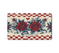 Rose Dish Drying Mats For Kitchen Counter, Vintage Red Floral Absorbent Rubber Drainer Mat, Retro PU Leather Drying Pad For Dining Table Protector 12x20 Inch