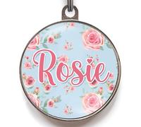 Rose Dog Tag - Add Any Name & Custom Text to Back - 2 Sizes - Watercolour Floral Rosie Roses Design - Durable Lightweight Double-Sided Metal Pet ID Tags