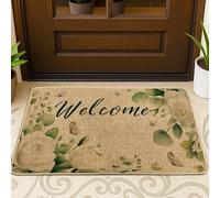 Rose Door Mat, Natural Elegant Leaf Butterfly Spring Green Washable Low Profile Back Doormat Home Decor for Entryway Outdoor Porch Balcony 29x17 Inch