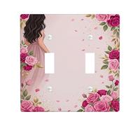 Rose Double Light Switch Cover Plate, Floral Romantic Woman Petals Spring Peach Plastic Standard Size Wall Switch Plates Accents for New Apartment Home Bedroom Office Decor