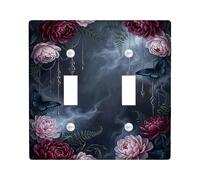 Rose Double Light Switch Cover Plate, Gothic Romantic Butterfly Leaves Fall Dark Blue Plastic Standard Size Wall Switch Plates Accents for Home Living Room Bedroom Bathroom Decor