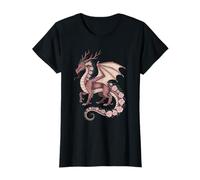 Rose Dragon with Antlers Mystical Fantasy Pink Floral Wings T-Shirt