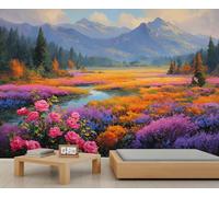 Rose Field Mural Colorful Floral Field Landscape Mural Watercolor Oil Painting Scenery Murals Green Pine Forest Wallpaper for Living Room Bedroom 390 x 260 cm