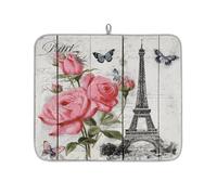 Rose Flower Butterfly Eiffel Tower Dish Drying Mat for Kitchen Counter,Absorbent Dishes Drainer Mats Washable Dish Drying Pad for Worktop Draining Racks,46x41cm