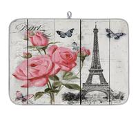 Rose Flower Butterfly Eiffel Tower Dish Drying Mat for Kitchen Counter,Absorbent Dishes Drainer Mats Washable Dish Drying Pad for Worktop Draining Racks,61x46cm