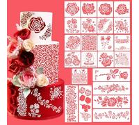Rose Flower Cake Stencils Kit Reusable Floral Cookie Coffee Stencil Drawing Template for Valentines Day Dessert Buttercream Painting DIY Crafts Decor (23 Pcs)