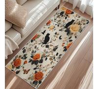 Rose Flower Carpet Runner, Floral Leaf Black Cat Bat Butterfly Runner Rug, Non-Slip Short Pile Washable Carpet For Hallway Entryway Kitchen Patio 80x150cm