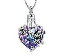 Rose Flower Cremation Urn Necklace for Ashes Heart Crystal Memorial Jewelry for Women Urn Keepsake Pendant Human Pet Memorial Locket Holder, Diamond