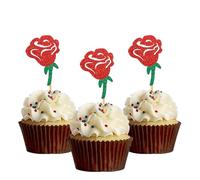 Rose Flower Cupcake Toppers - Women Mom Birthday Cupcake Decor/Bridal Shower Wedding Party Decor - Partea Time Decorations Wedding Anniversary Party Cupcake Toppers 24 Pcs Glitter