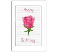 Rose Flower, Happy Birthday (Red, Pink, Purple, Blue, Yellow, Coral & Orange) - 14 Count Cross Stitch Card Kit (Pink)