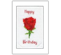 Rose Flower, Happy Birthday (Red, Pink, Purple, Blue, Yellow, Coral & Orange) - 14 Count Cross Stitch Card Kit (Red)