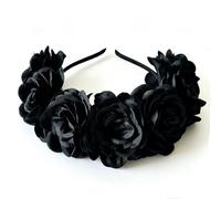 Rose Flower Headband, Gothic Fabric Rose Garland Crown, Halloween Day of the Dead Lolita Hair Accessory for Women Dark Photoshoot Black Wedding (Black)