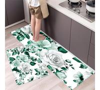 Rose Flower Kitchen Rug Set 2 Pieces, Non-Slip and Washable Kitchen Runner Mat Watercolor Style Standing Mats for Hallway, Dining Room and Entryway - 40x60cm+40x120cm, Green